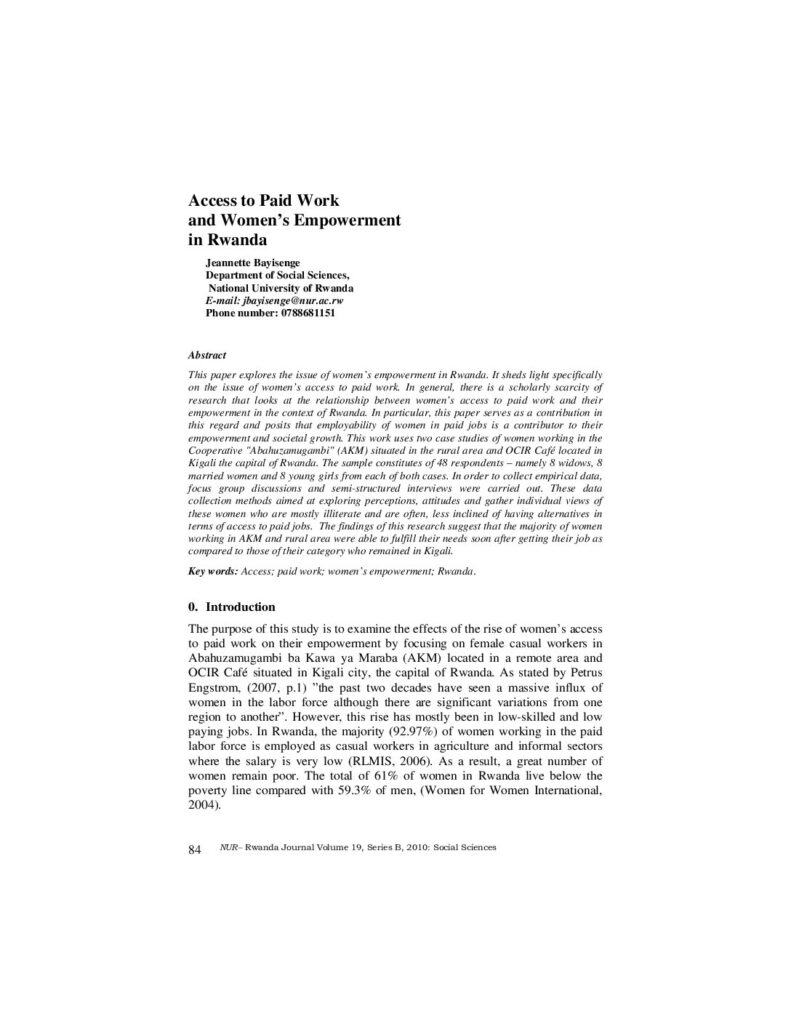thumbnail of Access to Paid Work and women’s Empowerment in Rwanda