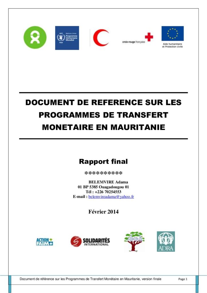 thumbnail of DOCUMENT DE REFERENCE SUR LES PROGRAMMES DE TRANSFERT MONETAIRE EN MAURITANIE Rapport Final