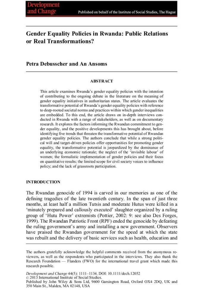 thumbnail of Development and Change – 2013 – Debusscher – Gender Equality Policies in Rwanda Public Relations or Real Transformations