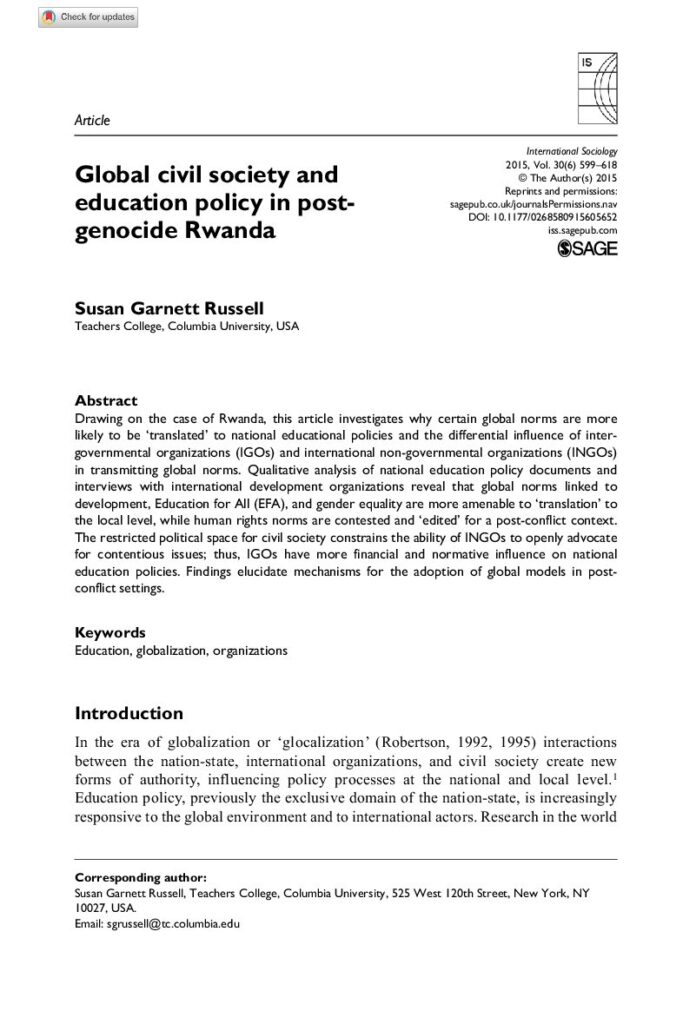 thumbnail of Global civil society and education policy in post-genocide Rwanda 2015