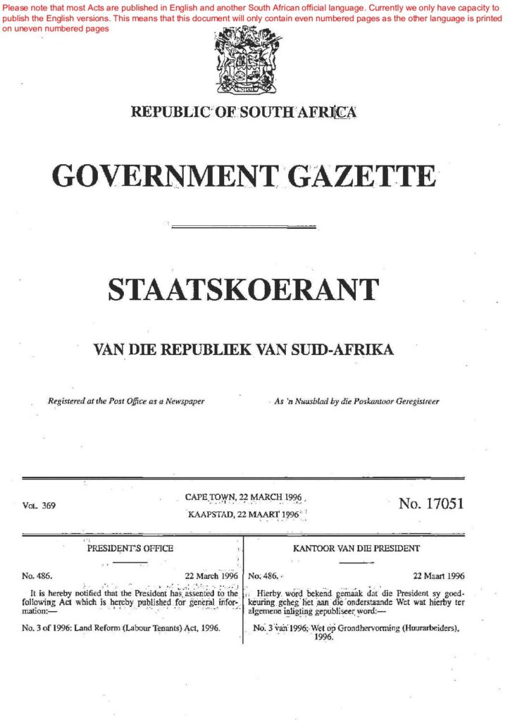 thumbnail of Land Reform (Labour Tenants) Act 3 of 1996