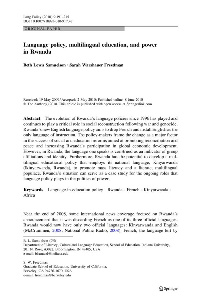 thumbnail of Language policy, multilingual education, and power in Rwanda 2010