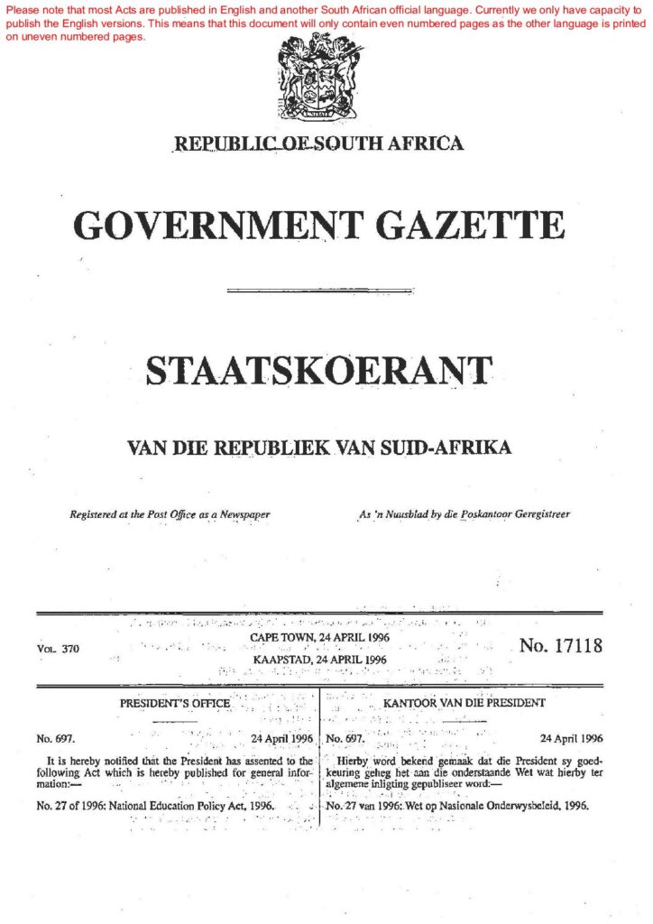 thumbnail of National Education Policy Act 27 of 1996