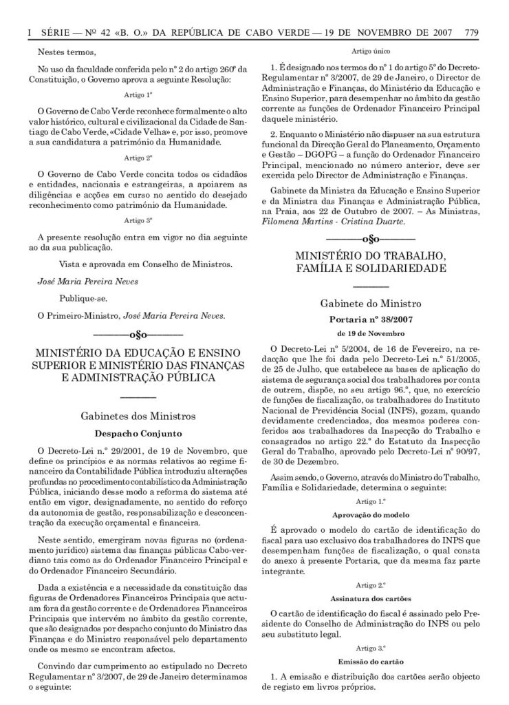 thumbnail of Portaria nº 38_07 de 19.11.07, I Série nº 42 – Aprovação do modelo do cartão de identificação fiscal