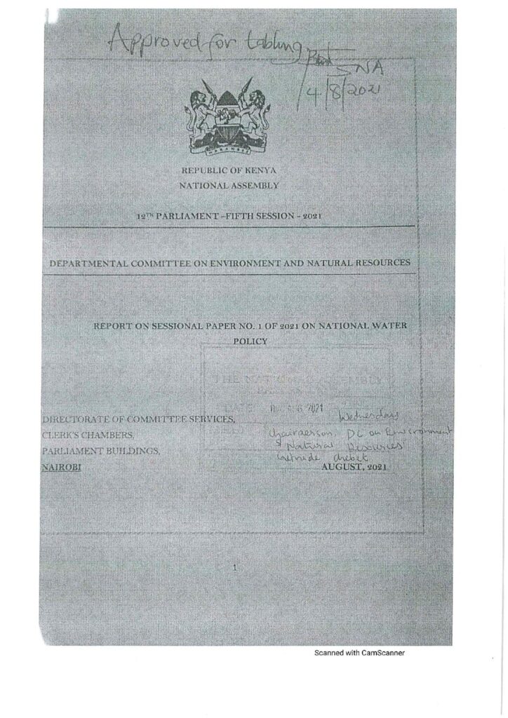 thumbnail of REPORT ON SESSIONAL PAPER NO. 1 OF 2021 ON NATIONAL WATER POLICY
