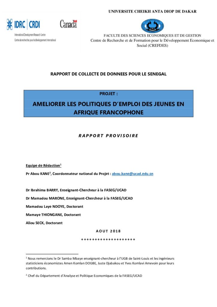 thumbnail of Rapport Enquête SENEGAL, AMELIORER LES POLITIQUES D’EMPLOI DES JEUNES EN AFRIQUE FRANCOPHONE