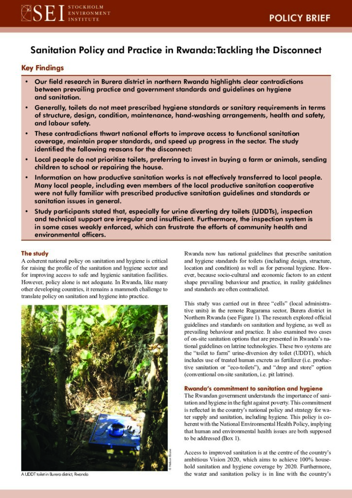 thumbnail of SEI-Policy Brief Sanitation Policy and Practice In Rwanda Tackling the Disconnect 2013