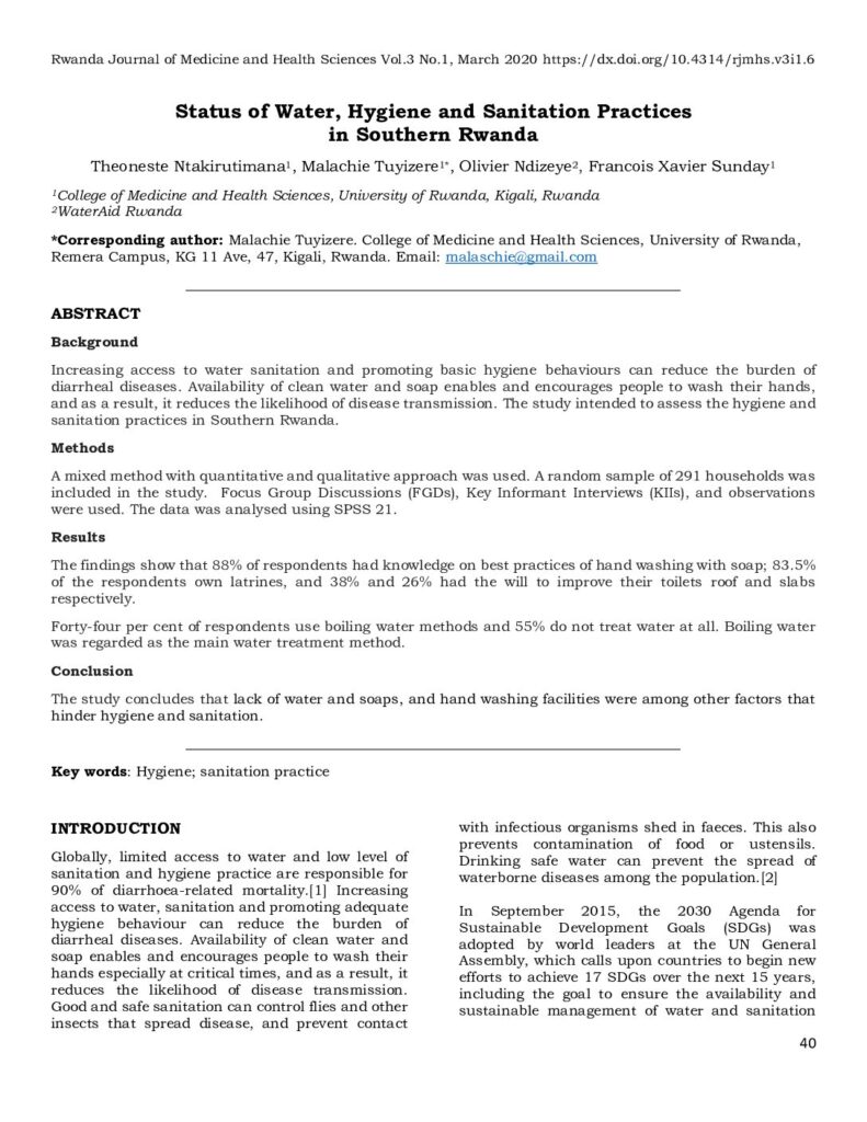 thumbnail of Status of Water, Hygiene and Sanitation Practices in Southern Rwanda