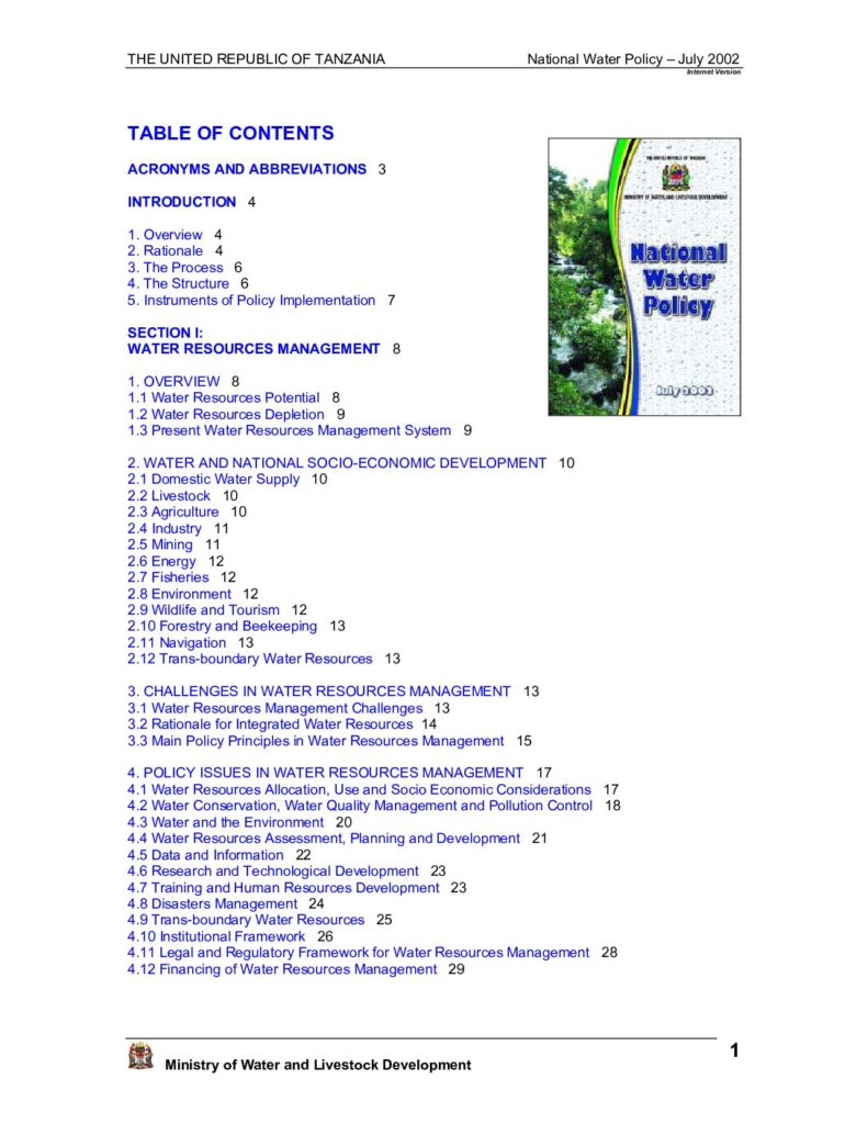 thumbnail of Tanzania water policy – 2002