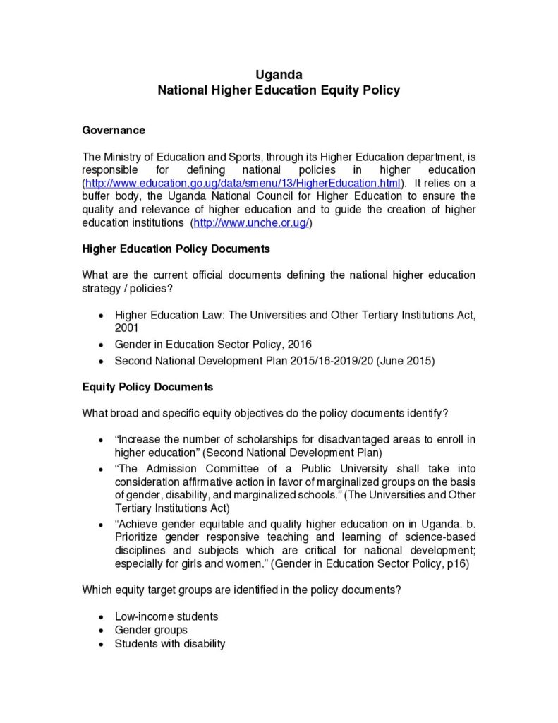 thumbnail of Uganda Higher Education Equity Policy
